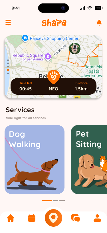 Shapa app home: map, active walk, services, and navigation