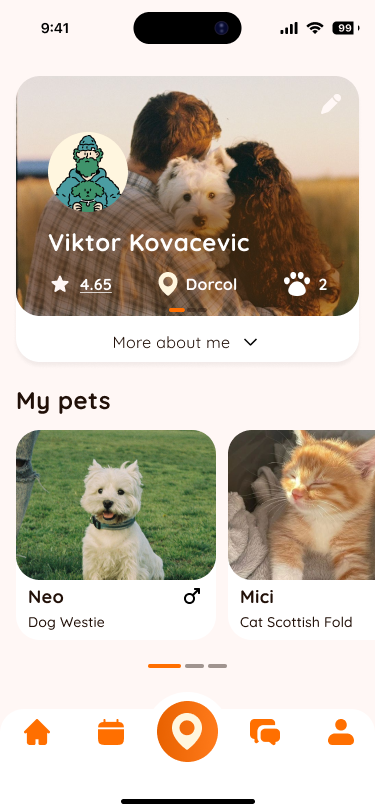 Shapa owner profile with cover photo, rating, location, and My pets