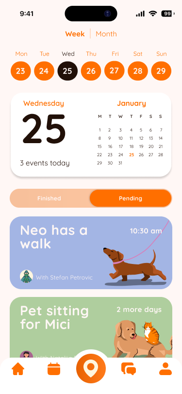 Shapa schedule: week view with walks and pet sitting events