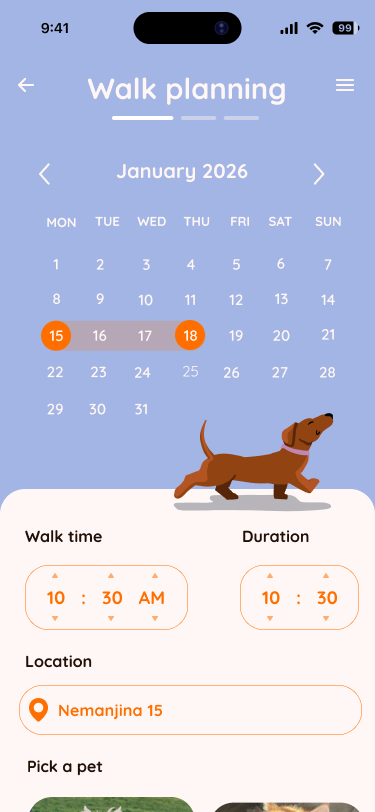 Shapa walk planning: calendar, time, duration, location, and pet selection