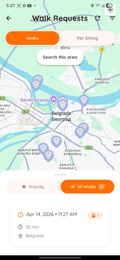 Shapa walker walk requests map with pins for nearby walks and pet sitting requests
